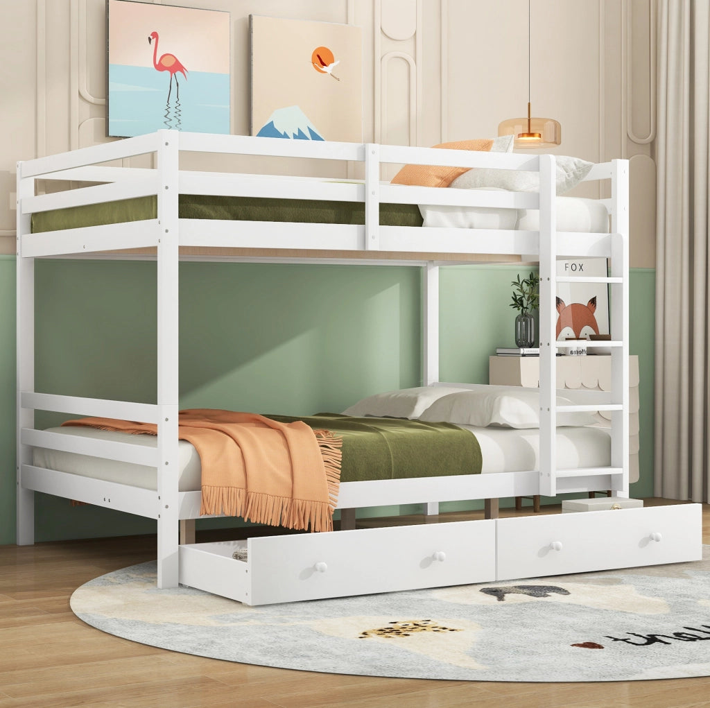 Letto a castello 140x200 cm in pino e MDF con cassetti e scala; bianco
