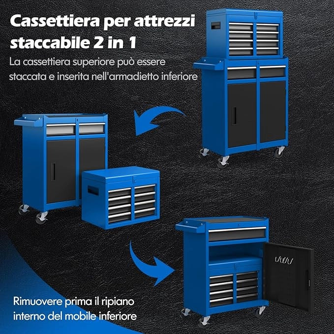 Cassettiera Portautensili a 4 Cassetti, Carrello per Attrezzi con Ruote Bloccabili Ripiano Regolabile e Rivestimento Antiscivolo, 59 x 28 x 102 cm (Blu + Nero)