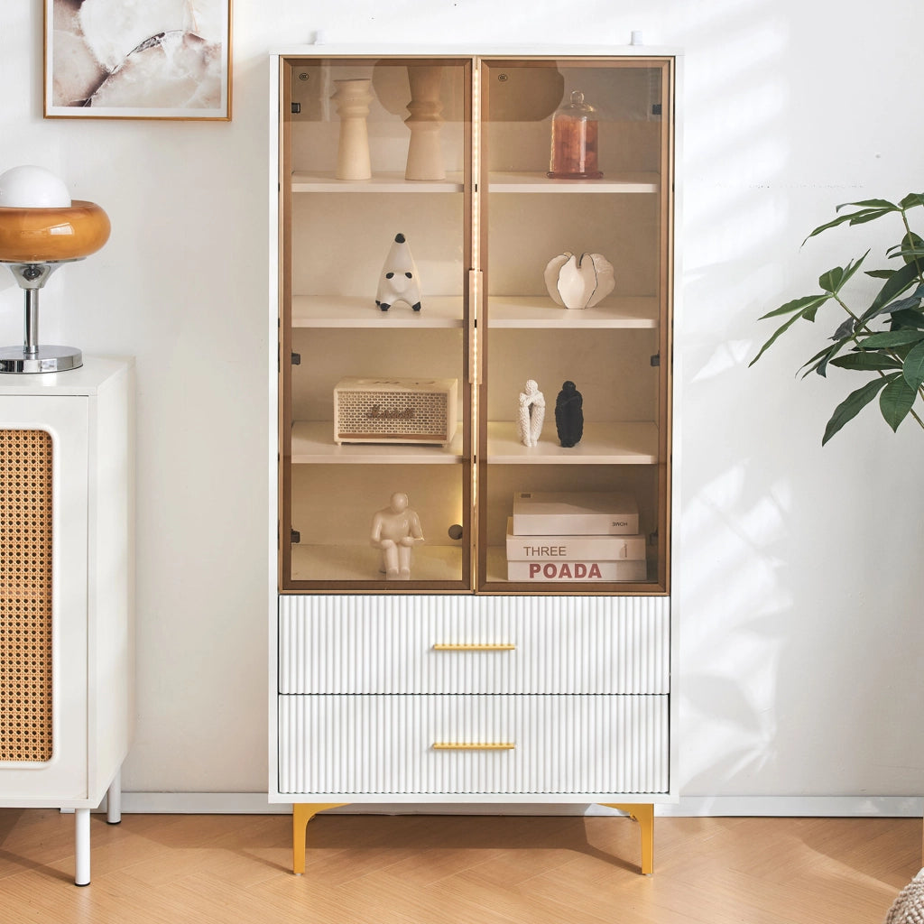 Vetrina con 2 Ante; 2 Cassetti; 3 Ripiani di cui 2 Regolabili e LED; per Soggiorno; in Pannelli; Bianco; 70 x 35 x 150 cm