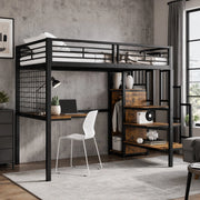 Letto a soppalco 90x200 cm con armadio integrato e scala laterale; MDF e metallo; nero noce scuro