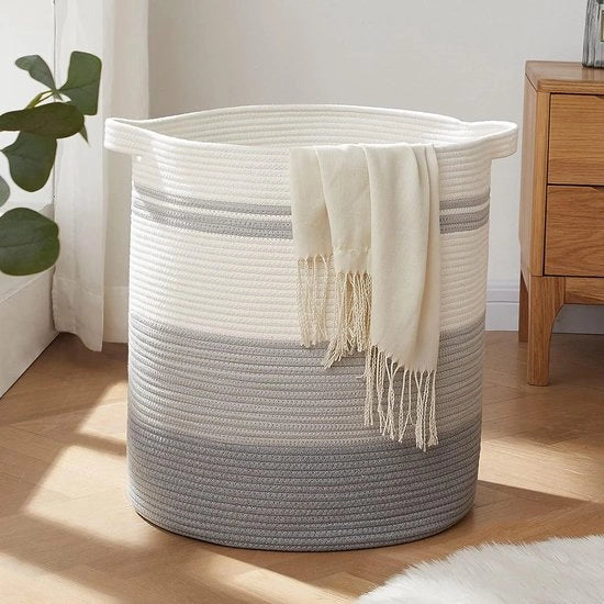 Mand decorativo per sala con maniglie, contenitore per giocattoli, cuscini, coperte, abbigliamento (tessuto a righe grigio, 45 x 50 cm)