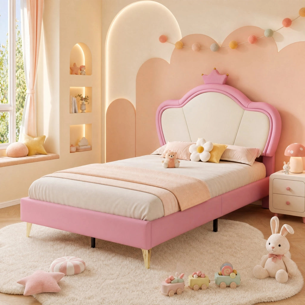 DESMIU Letto per bambini 1 posto con bordi imbottiti e testiera a corona 90 × 200 cm, senza materasso, PU rosa e bianco