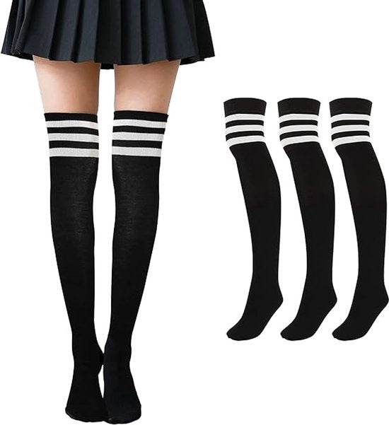 3 paia di calze over il ginocchio - calze sportive a strisce - costume cheerleader universitario - calze in cotone con 3 strisce - per donne - ragazze e bambini - Nero con strisce bianche