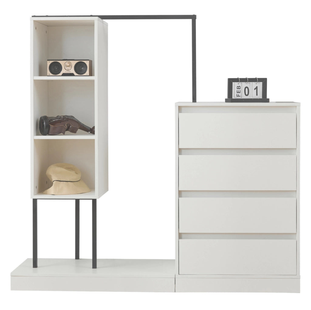Armadio multiuso con cassetti; ripiani aperti e barra appendiabiti 140x40x135 cm bianco