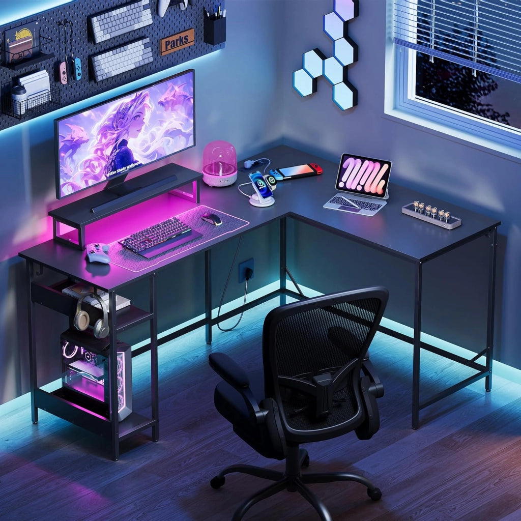 Scrivania da gaming angolare regolabile 2-in-1 ¨C zephmum ¨C 152x118x50 cm, nero, con LED RGB