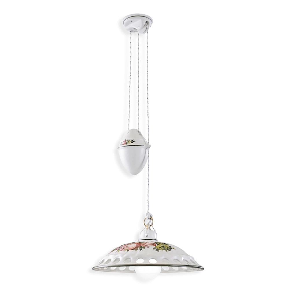 Lampadario Saliscendi Classico Napoli Ceramica E Ottone Satinato 1 Luce E27