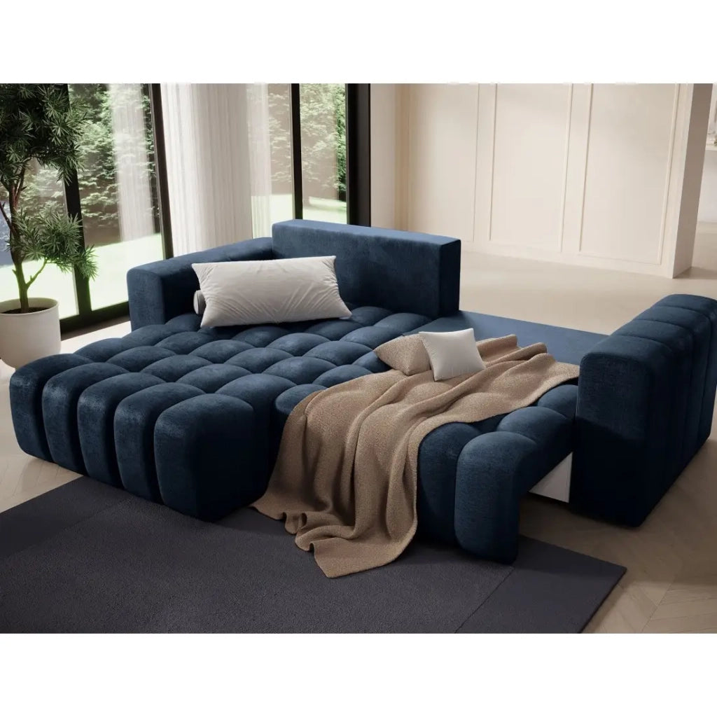 Divano angolare trasformabile DORY blu scuro 250 cm con contenitore angolo sinistro
