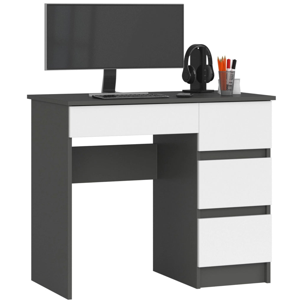 Scrivania per computer AKORD A7 Grigio Grafite 90 cm 4 cassetti inserto frontale Bianco 90x50x77 cm Modello a destra