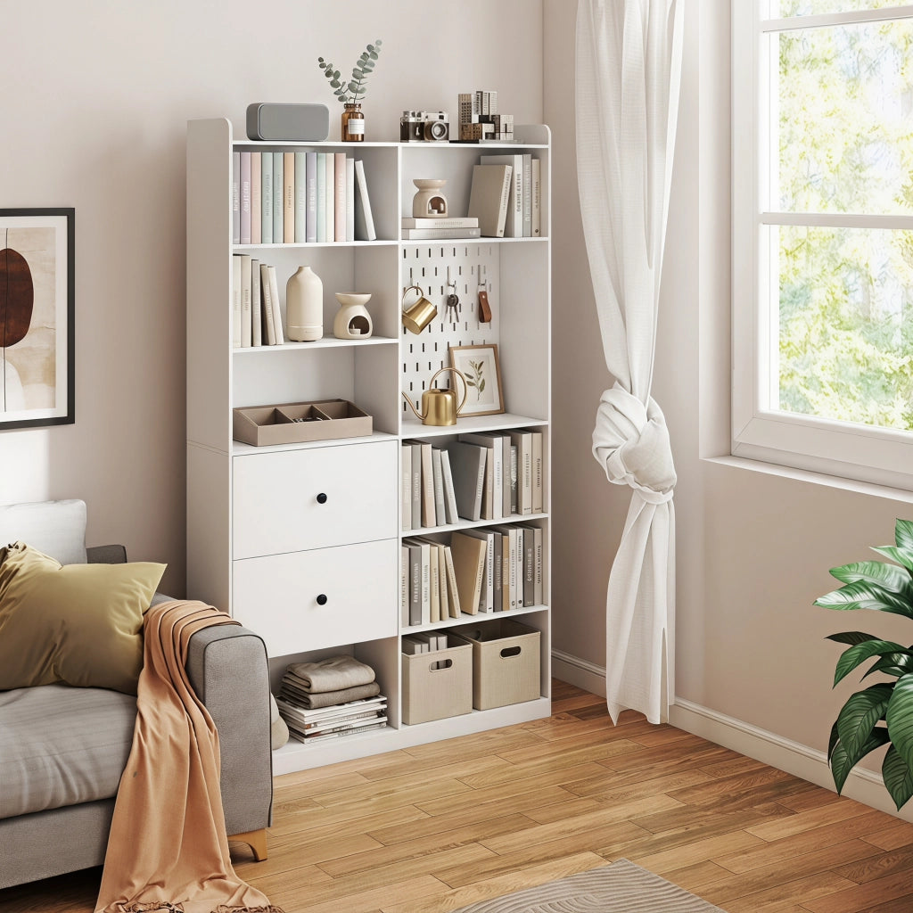 Libreria Doppia a 6 Livelli con Cassetti e Pannello Forato, Bianco