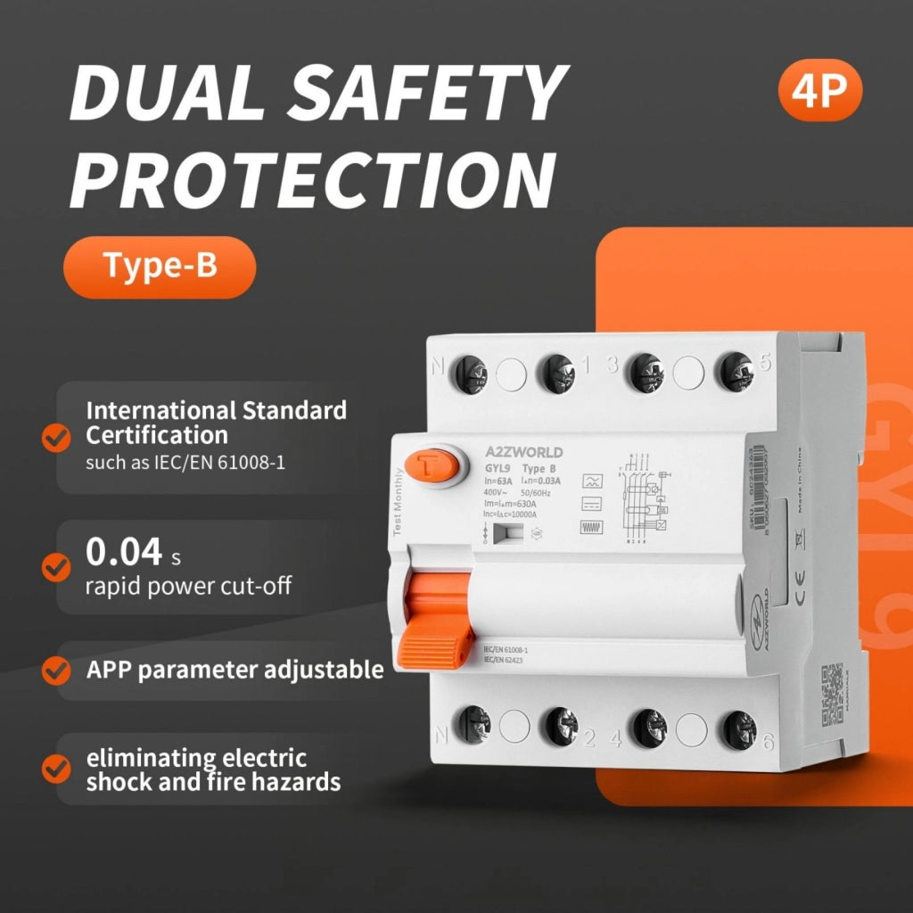 RCCB Interruttore Differenziale Puro Tipo B 3P+N 4M 10000A 30mA 63A AC 400V IP20 IEC61008-1 / IEC62423 GYL9