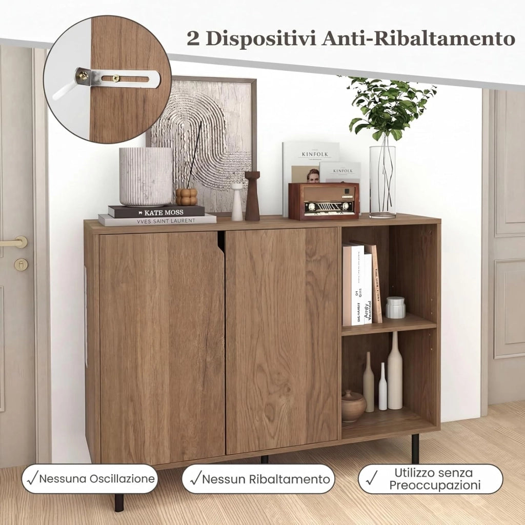 Credenza Cucina e Buffet in Legno, Mobile Dispensa con 2 Ante, 2 Scomparti Aperti a Ripiani Regolabili e Gambe in Metallo, per Sala da Pranzo, 106 x 38 x 80 cm (Nero) (Naturale)