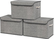 Set di 3 contenitori di stoccaggio con coperchio - Contenitori di stoccaggio in tessuto con maniglie di cotone - Aspetto di lino grigio