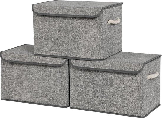 Set di 3 contenitori di stoccaggio con coperchio - Contenitori di stoccaggio in tessuto con maniglie di cotone - Aspetto di lino grigio