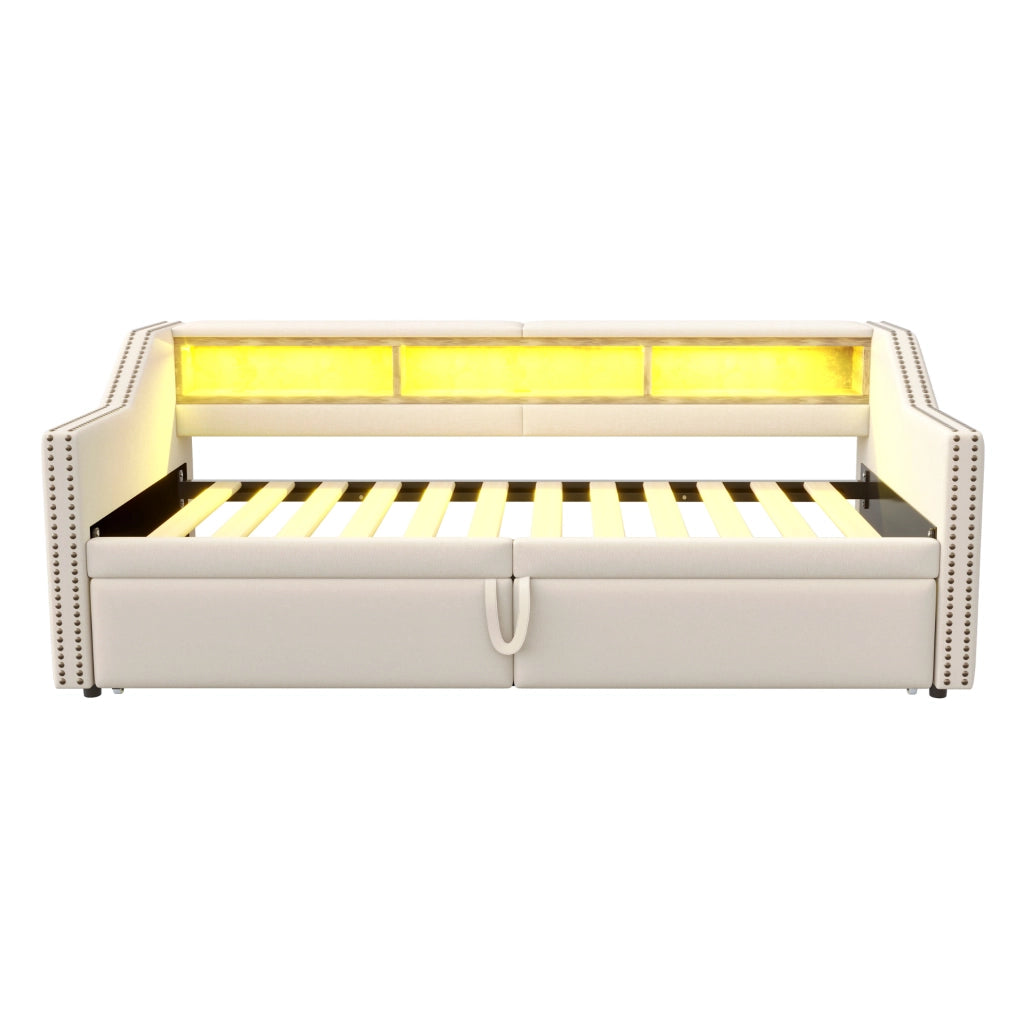 Divano letto estraibile 90/180x200 cm con vani laterali, LED e USB