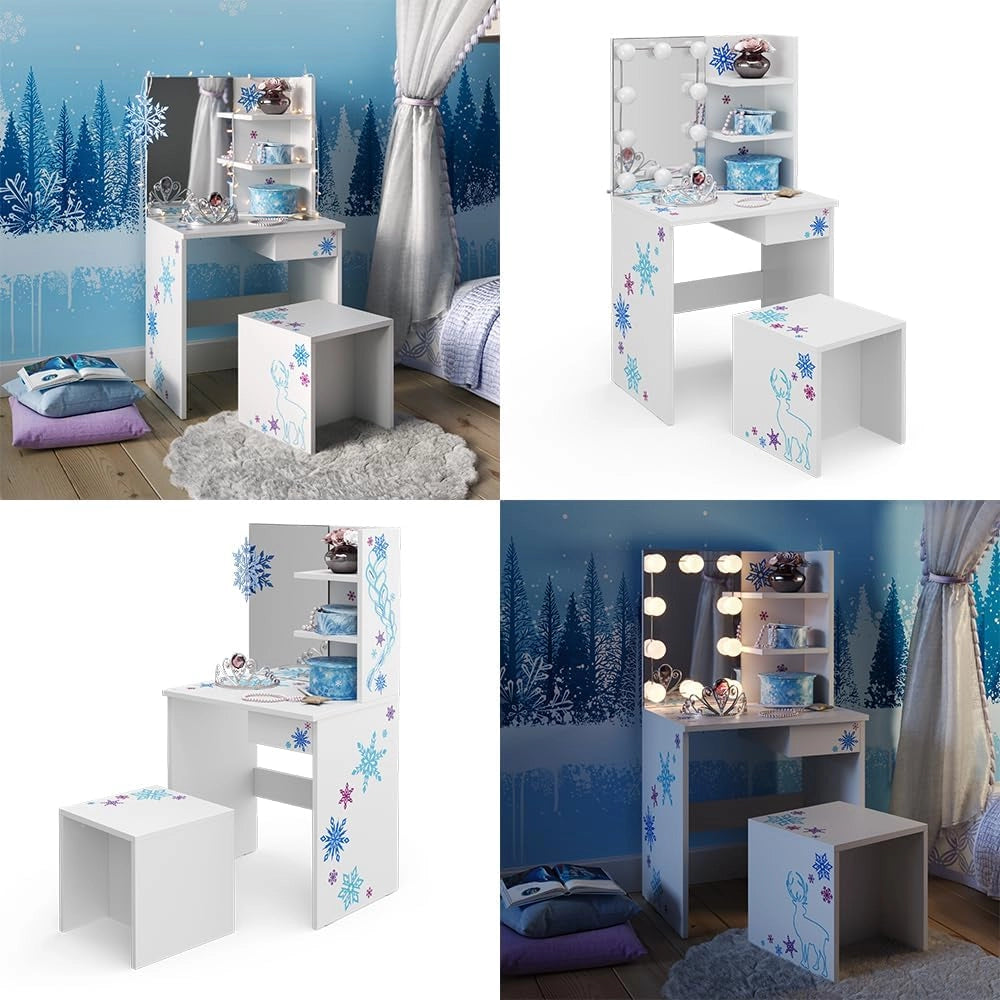 Tavolino da toilette per bambini Schneeflocke, Bianco, 54.8 cm con illuminazione a LED, adatto per la conservazione di cosmetici e accessori