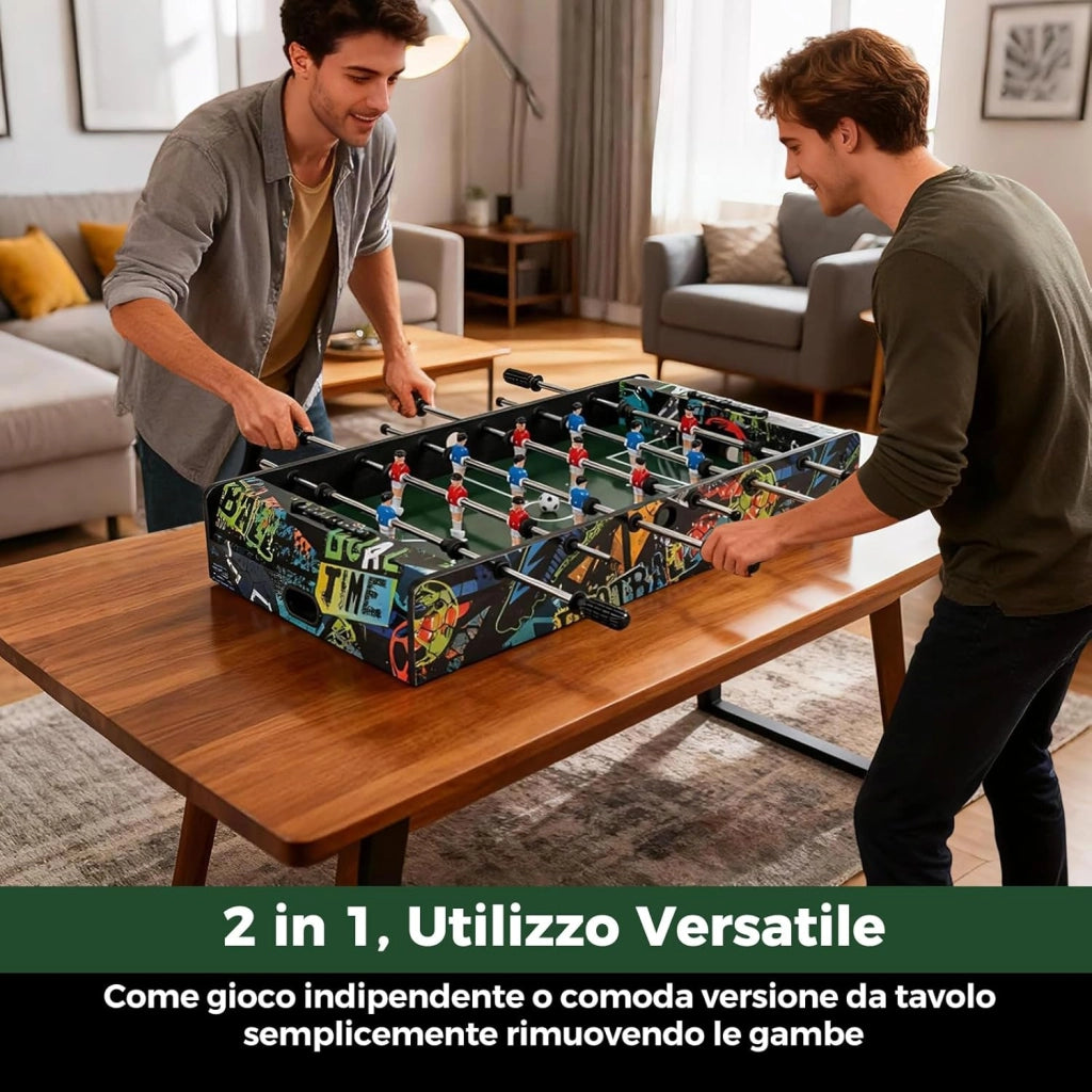 2 in 1 Calcio Balilla in Legno, Calcetto Balilla con Gambe Rimovibili 2 Palline, 2 Contatori Punteggio, Biliardino per Bambini e Adulti per Feste Casa Bar