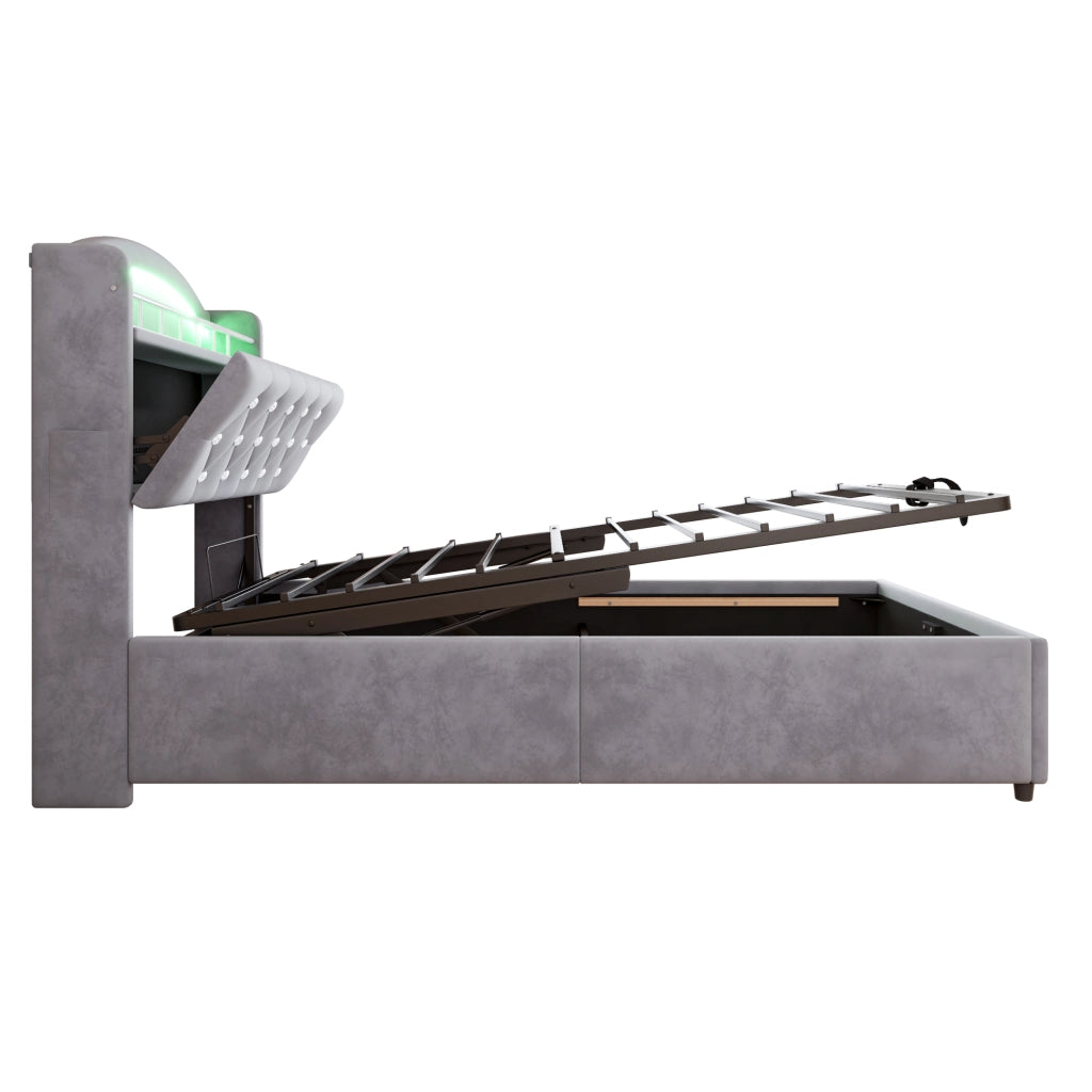 Letto contenitore 90 × 200 cm imbottito in velluto con LED USB e porta Type-C grigio