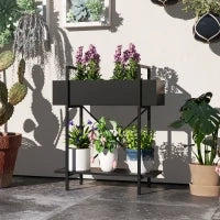 Supporto per piante da interno e da esterno a 2 livelli, con fori di drenaggio, in metallo, 60 x 25 x 70 cm, Nero