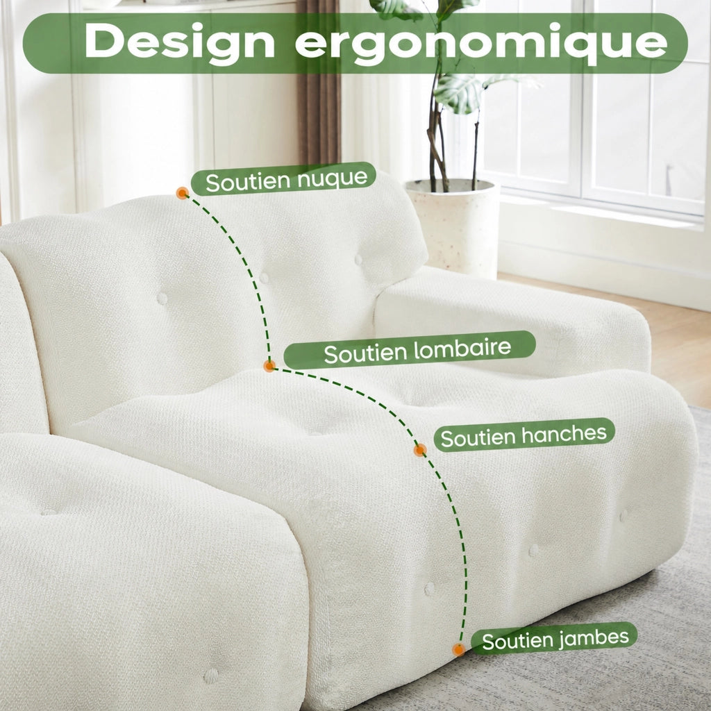 Divano 2 posti modulare con seduta profonda design curvo senza montaggio braccioli in chenille beige 224 × 104 × 66 cm