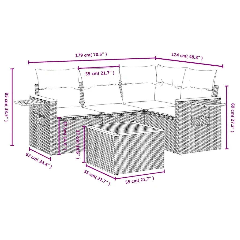Set Divani da Giardino 5 pz con Cuscini Grigio in Polyrattan