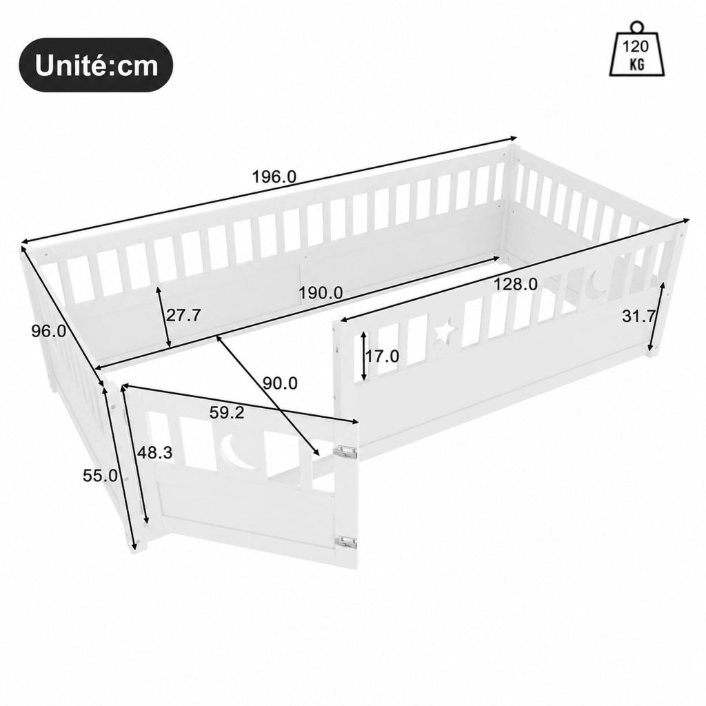 DESMIU Letto per bambini 90 × 190 cm con spondine di sicurezza e decorazione luna e stelle, senza materasso, bianco