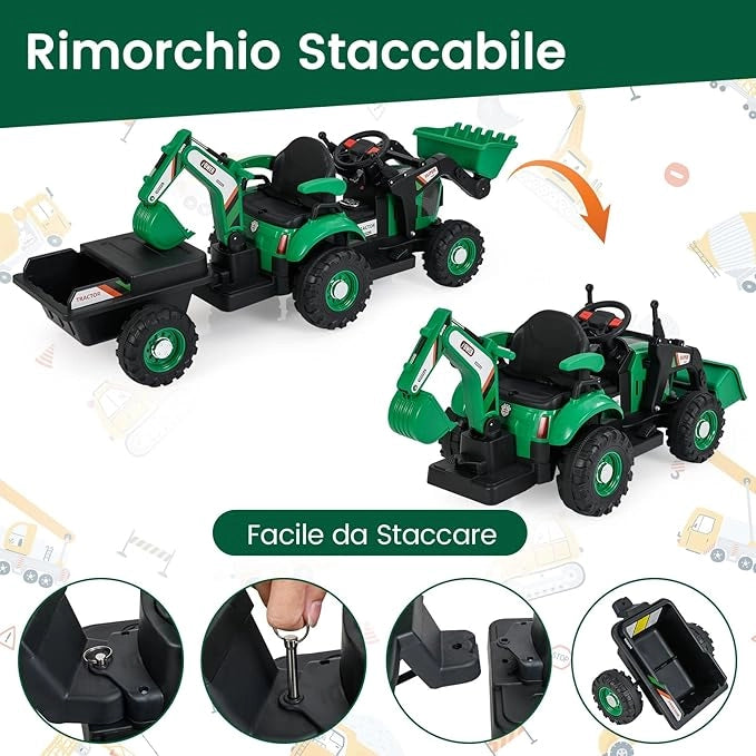 4 in 1 Trattore Elettrico per Bambini, Trattore Cavalcabile per Bambini 3-8 Anni con Telecomando Rimorchio e Cucchiaia Staccabile, Velocità Regolabile, Doppi Motori (Verde)