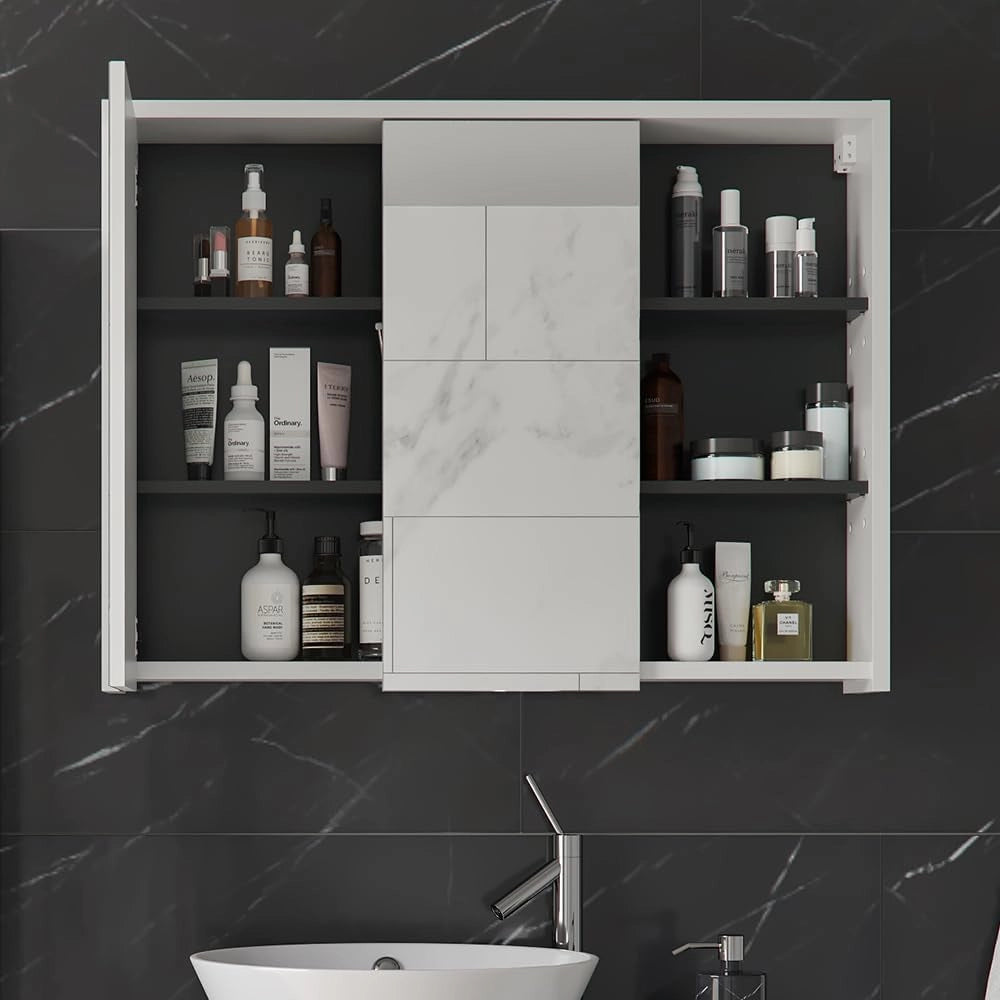 Specchio contenitore bagno Viola, Bianco/antracite, 100 x 75 cm, per montaggio a parete con ripiani aperti
