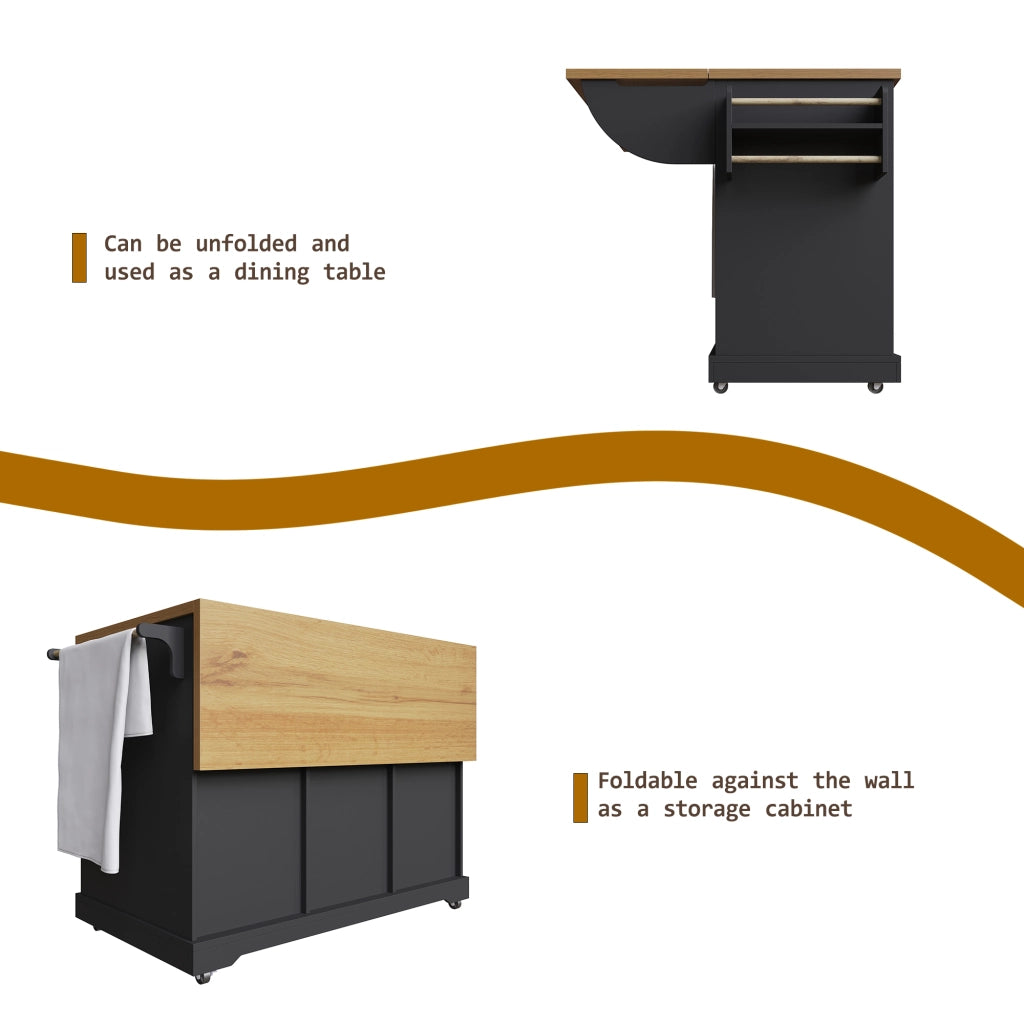 OKWISH Carrello da Cucina con Piano Pieghevole e Vano Contenitore Mobile Stile Moderno per Cucina Sala da Pranzo MDF Nero
