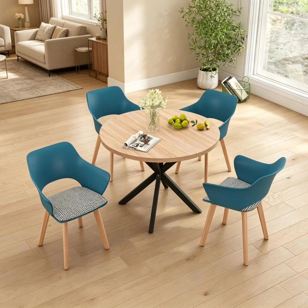 GrandCA HOME Set di Tavolo e Sedie da Pranzo, 100×100×76.5 CM Tavolo da Pranzo Rotondo, 4 Sedie da Cucina Imbottite in Colori Misti, per Sala da Pranzo, Cucina (Venature del Legno Scuro + WGPL)