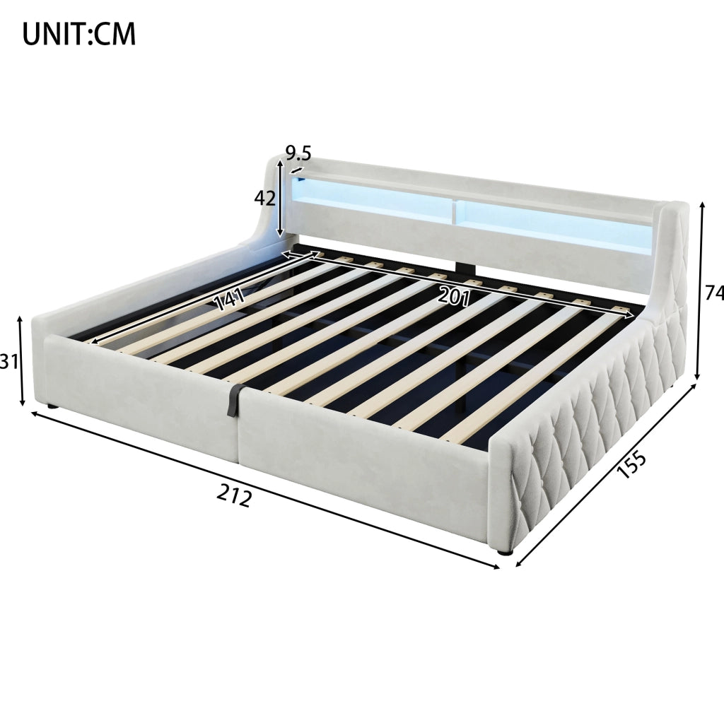 Letto imbottito 140x200 cm in flanella beige; con contenitore e testiera LED