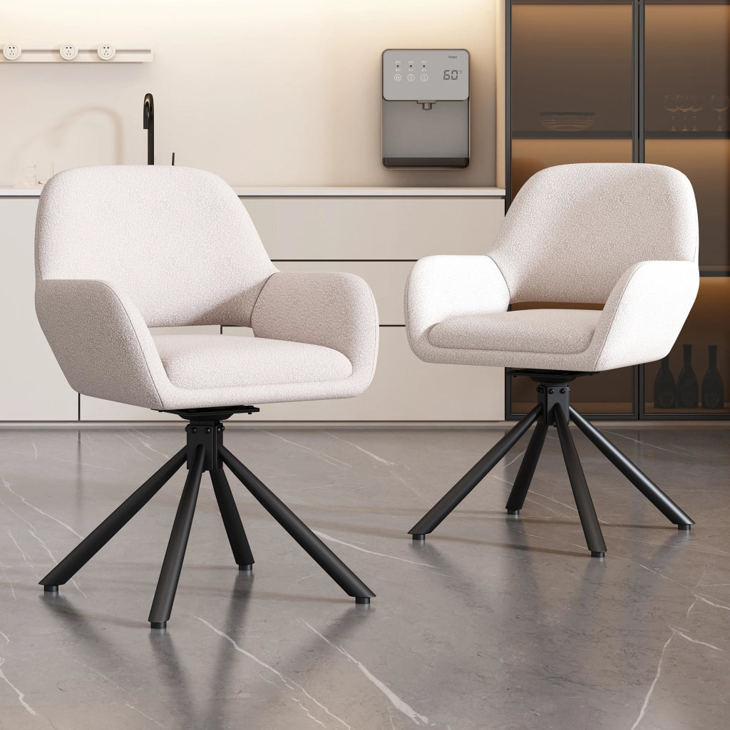 Sedia da sala da pranzo girevole 2 pezzi con braccioli in sherpa bianco e struttura in metallo moderna set