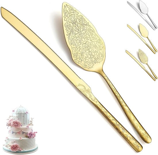 Set di Spatole per Torta da Sposa in Oro - Eleganti Spatole per Torta - 2 Dose - Acciaio Inossidabile - Placcaggio in Oro Titanio