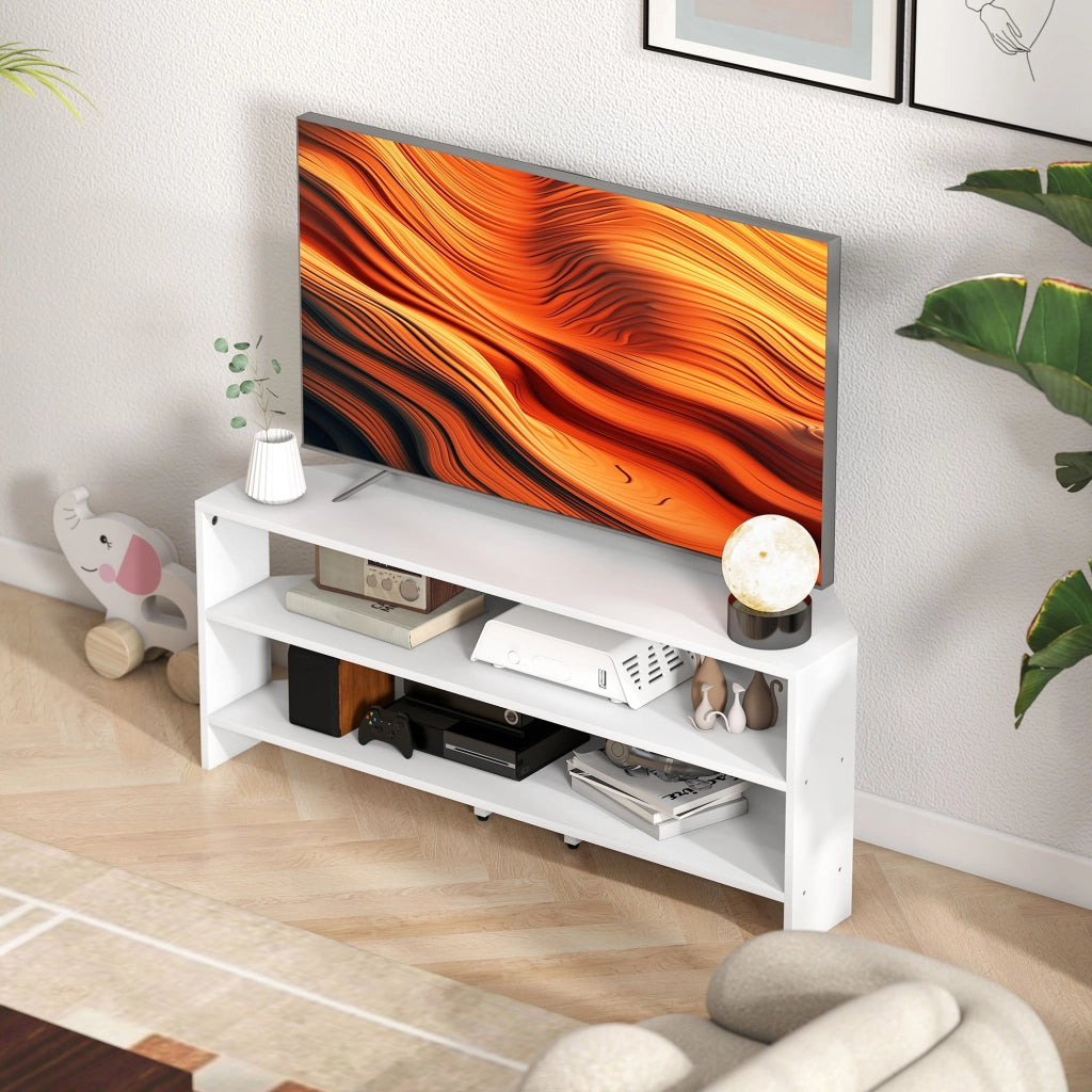Mobile TV ad Angolo per 47" Max 110x36x45 cm con 2 Ripiani a Giorno in Legno Bianco