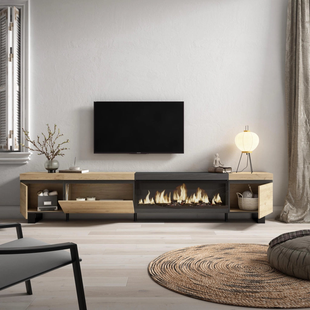 Mobile TV Soggiorno, 288x35x57cm, TV di grande formato, Camino elettrico XXL, Design industriale, colore Rovere e nero RF3616