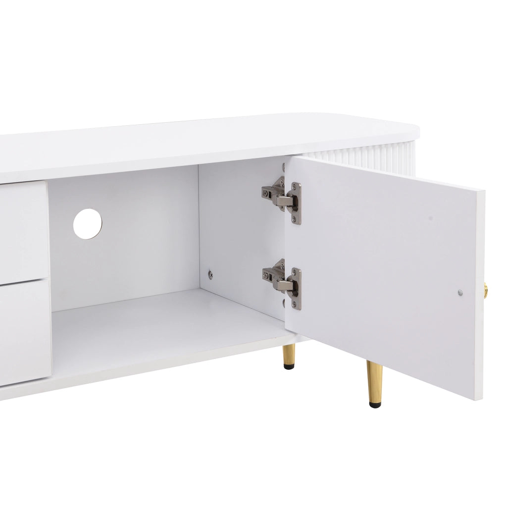 Mobile TV 170x34x45 cm; angoli arrotondati e lati ondulati; 2 cassetti e 2 ante; MDF bianco