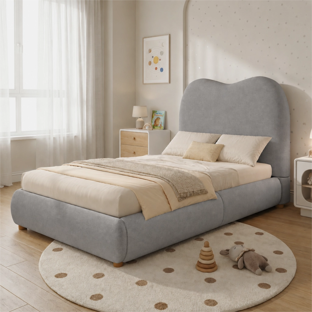Letto per bambini singolo 90 × 200 cm con contenitore idraulico, testiera imbottita, senza materasso, grigio