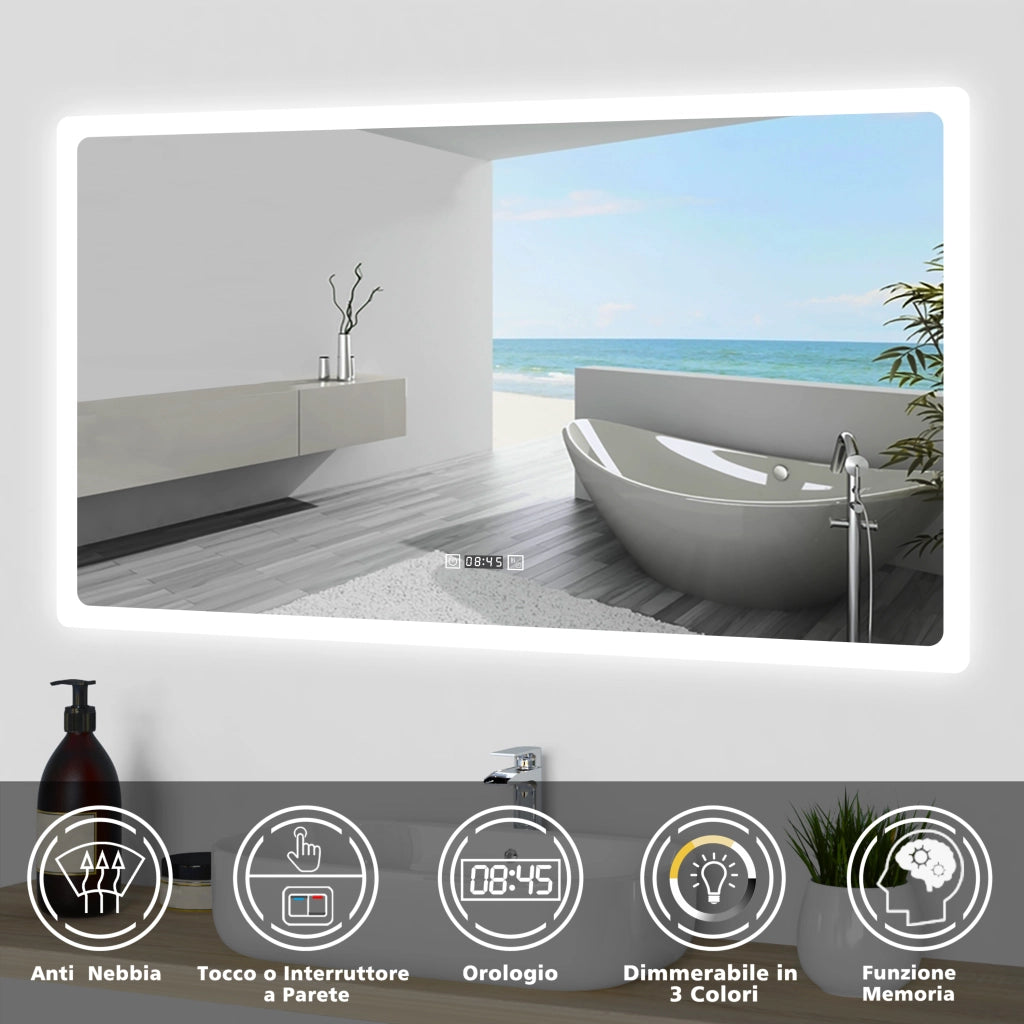 Aica Specchio da bagno a LED+160x80cm+orologio+Disappannamento+3 Temperature di Colore