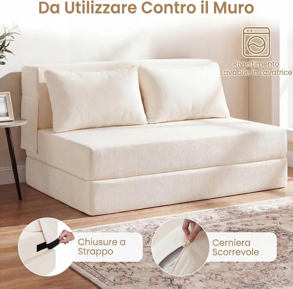 3 in 1 Divano Letto Pieghevole, Poltrona Letto Convertibile con 2 Cuscini, Divano a 2 Posti in Tessuto Chenille, per Soggiorno Camera da Letto Ufficio (Beige,L)