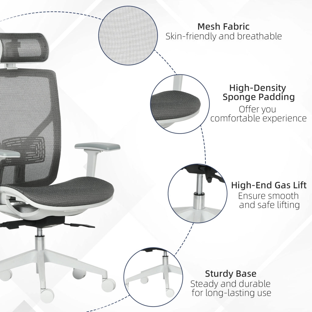 Sedia da ufficio ergonomica con poggiatesta e schienale reclinabile a 3 posizioni in schiuma grigia 67 × 65 × 120-128 cm