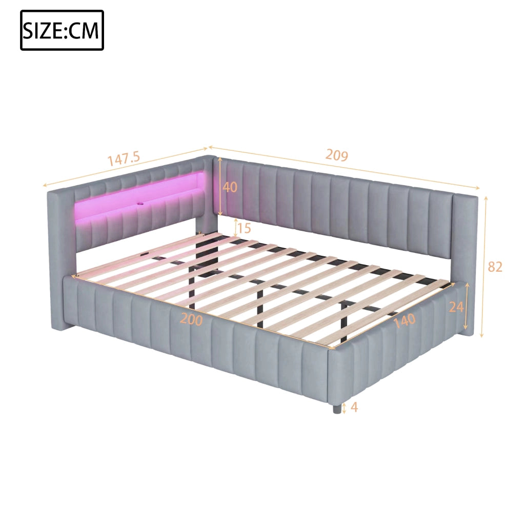 LETTO imbottito L 140x200 cm in velluto grigio con LED e porta USB