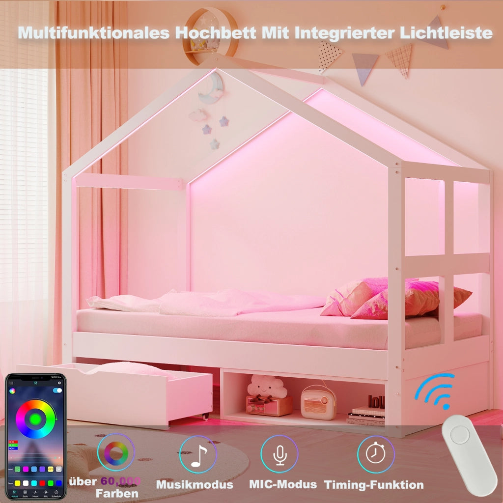 Letto singolo 90 × 190 cm con cassetto portaoggetti, mobile scarpe compatto, LED multicolore, senza materasso, bianco
