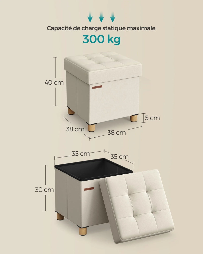 Pouf/sgabello contenitore con poggiapiedi panca pieghevole con contenitore 38 x 38 x 40 cm per soggiorno/camera da letto beige 12_0007289
