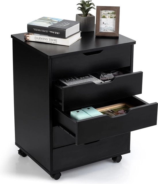 Mobile Storage Unit con Ruote, Contenitore Rotante con 5 Livelli, Cassetto Archivi, Maniglie, 2 Ruote con Freno, in Legno, per Camera da Letto, Ufficio, Studio (Nero)