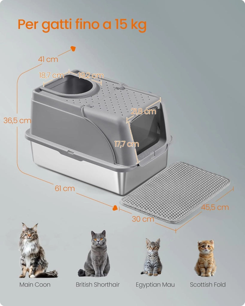 Feandrea Lettiera per Gatti in Acciaio Inossidabile con Coperchio Ribaltabile, Lettiera Chiusa XL Anti Perdite, Paletta, Spazzola, Doppio Ingresso, per Gatti fino a 15 kg, Grigio Tortora PPT005G01