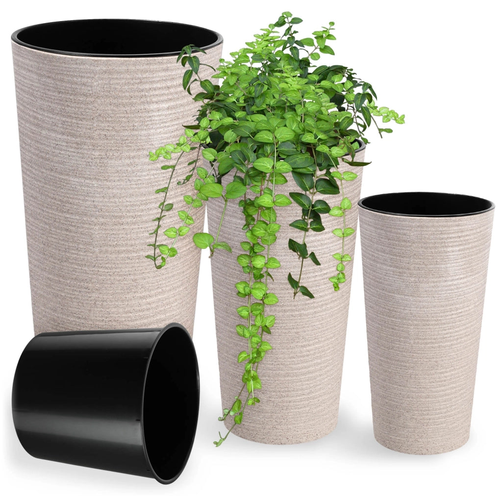 Set di 3 vasi da fiori KADAX, vasi da giardino + inserti, alti e grandi, beige, 37+47+57 cm