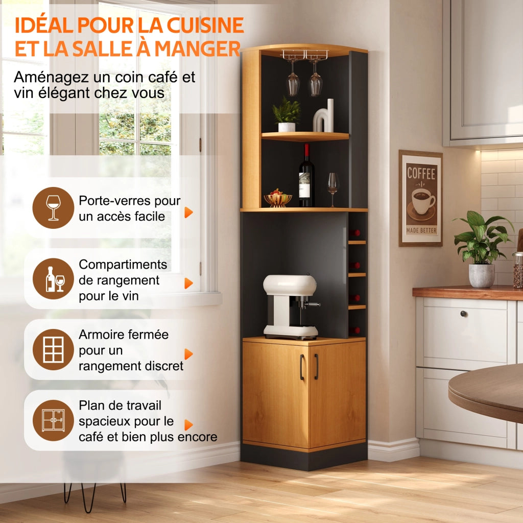 Credenza angolare portabottiglie con portabicchieri e 4 vani per cucina e soggiorno; in MDF; nero; 40 × 40 × 182 cm