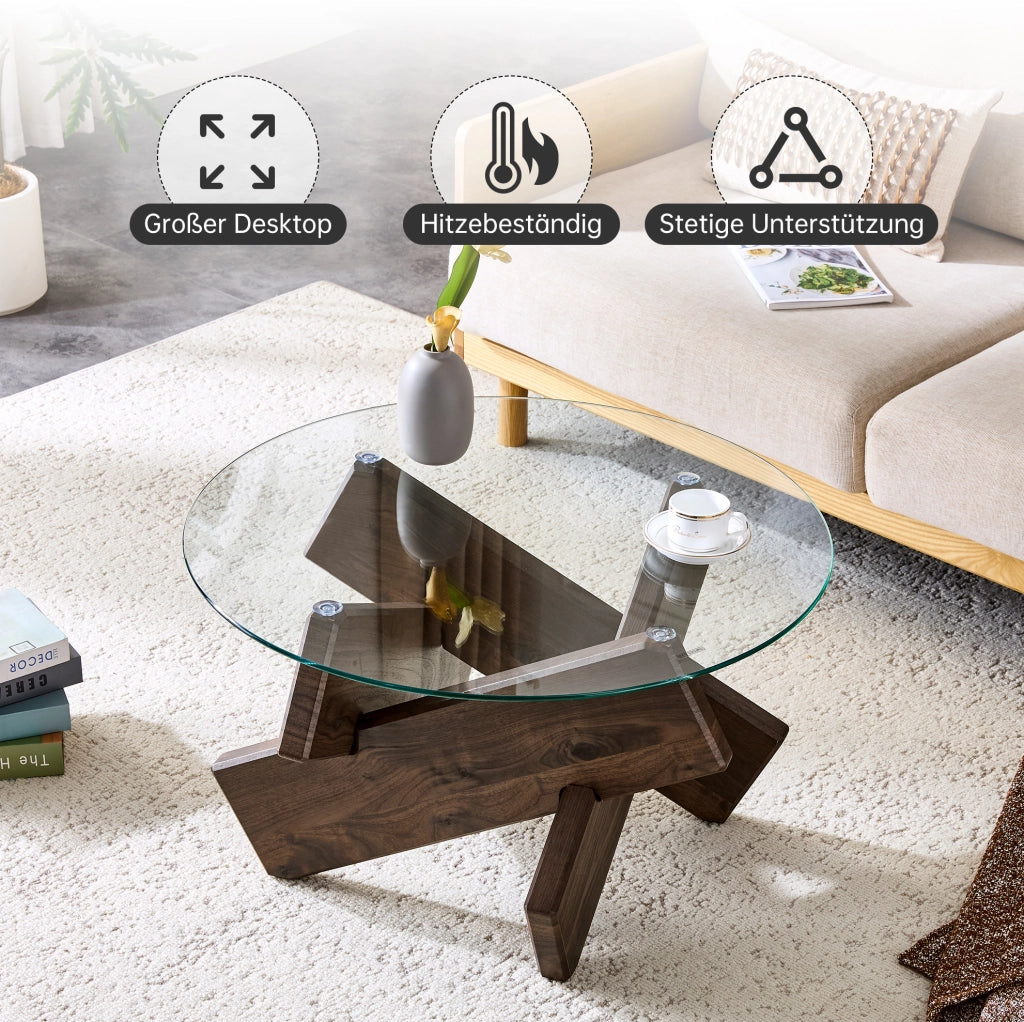 Tavolino da caffè rotondo 79 cm in MDF e vetro temperato; finitura noce e trasparente