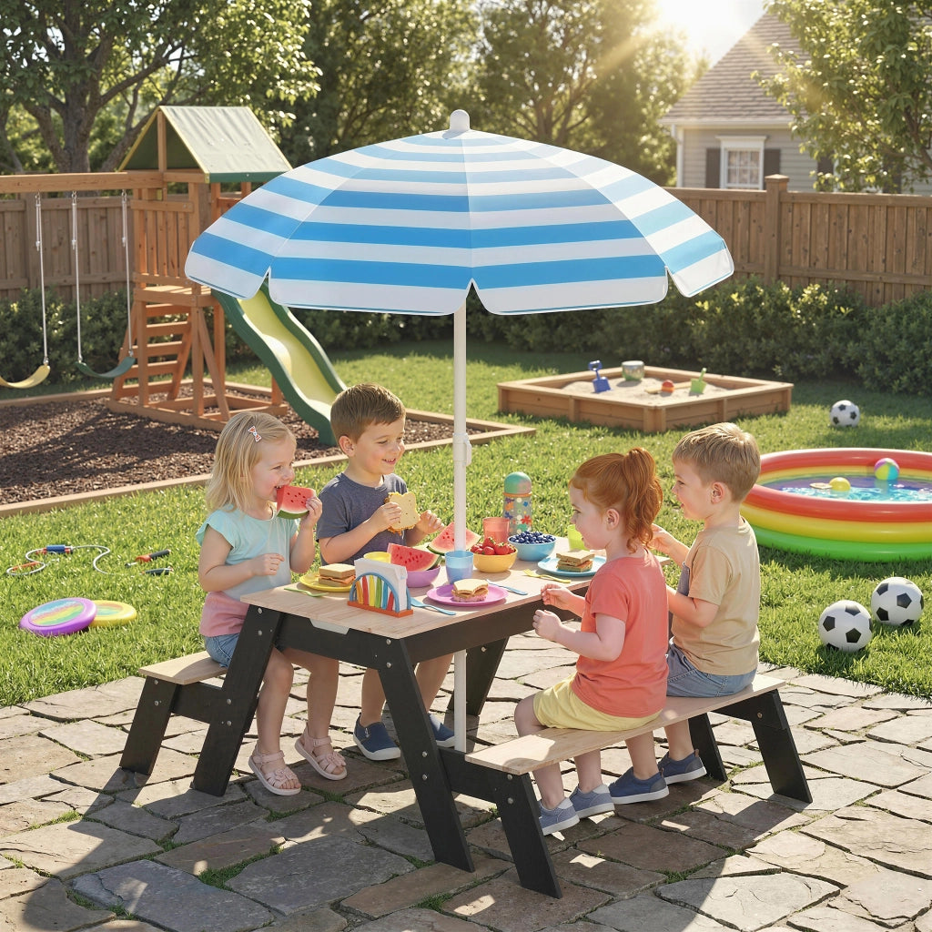 Set da Giardino per Bambini con Parasole e 2 Panche ¨C Zephmum ¨C Legno Naturale 3-6 Anni