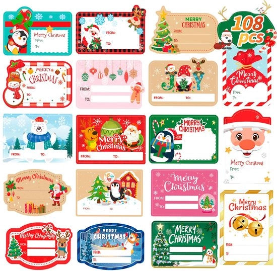 Etichette di Natale 108 pezzi - Etichette di Scatola - Adesivi Autoadesivi - Etichette di Regalo per Natale - Decorazione di Vacanza - Ideali per i Regali