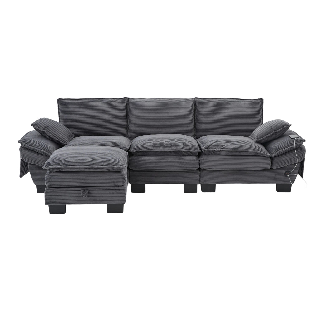 Divano modulare 3 posti con pouf 260x132x84 cm in tessuto a coste grigio scuro; USB-C